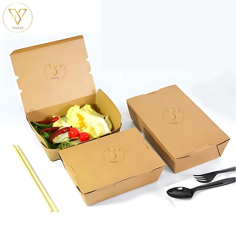 Image of Brown Kraft Paper Food Box | 17x15x4.5 CM | 750ml | Pack of 100 | Eco-Friendly Takeaway Containers | Biodegradable & Disposable Food Containers for Meal, Party Catering, Takeout, and Delivery