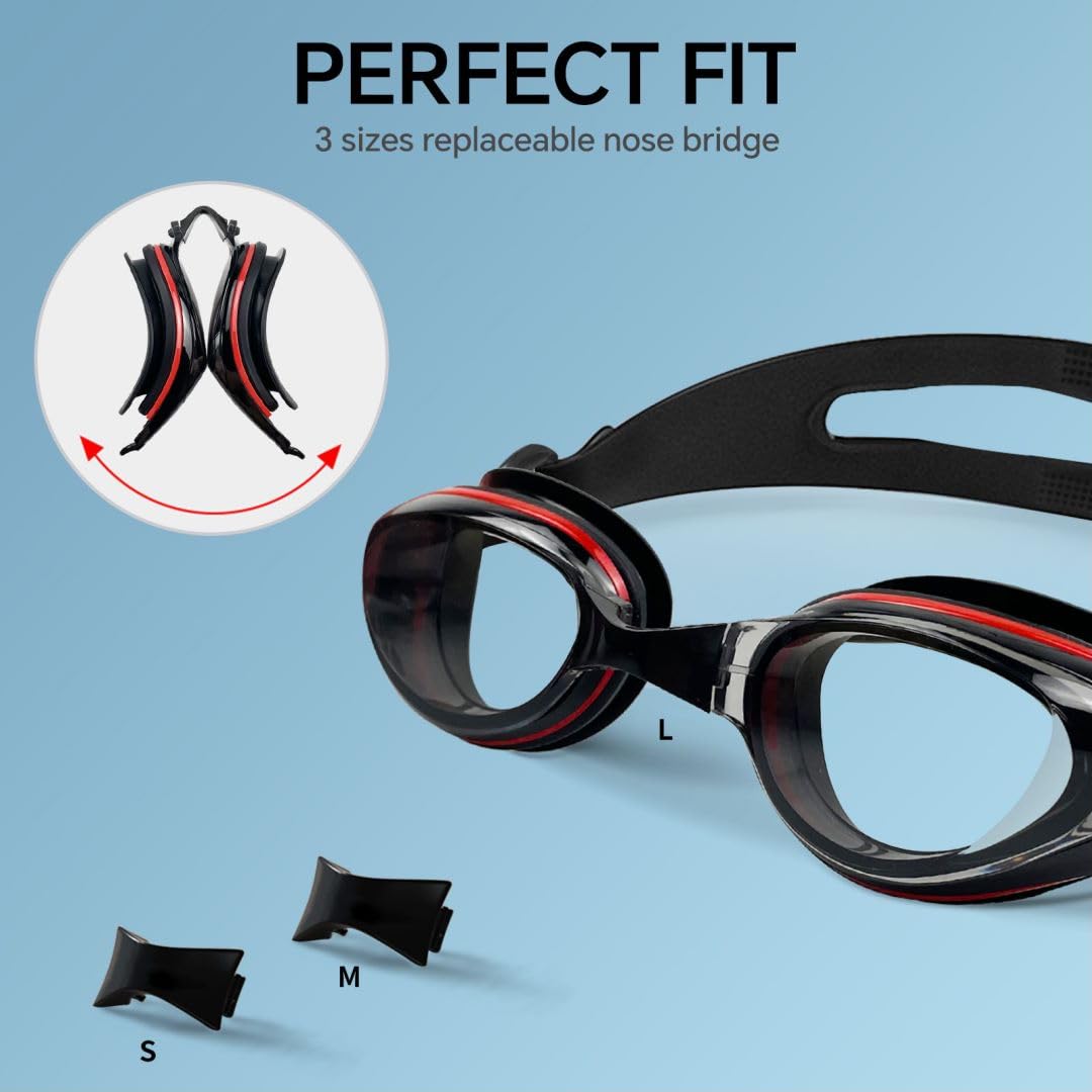 Schwimmbrille für Kurzsichtigkeit für Erwachsene, Männer, Frauen, Jugendliche, Anti-Beschlag, Anti-UV, kein Auslaufen, Schwarz und Rot -2.0