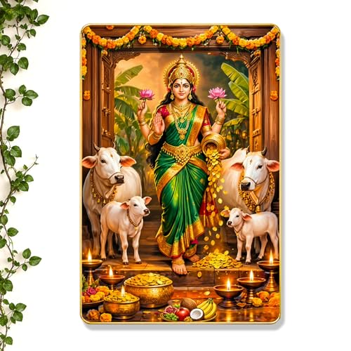 Image of The Hanging Story Goddess Lakshmi Wooden Wall Painting for Living Room | Vastu Wall Decor Painting for Home, Office, Bedroom | Divine Hindu God Photo Frame Wall Decoration (12x18 inch)