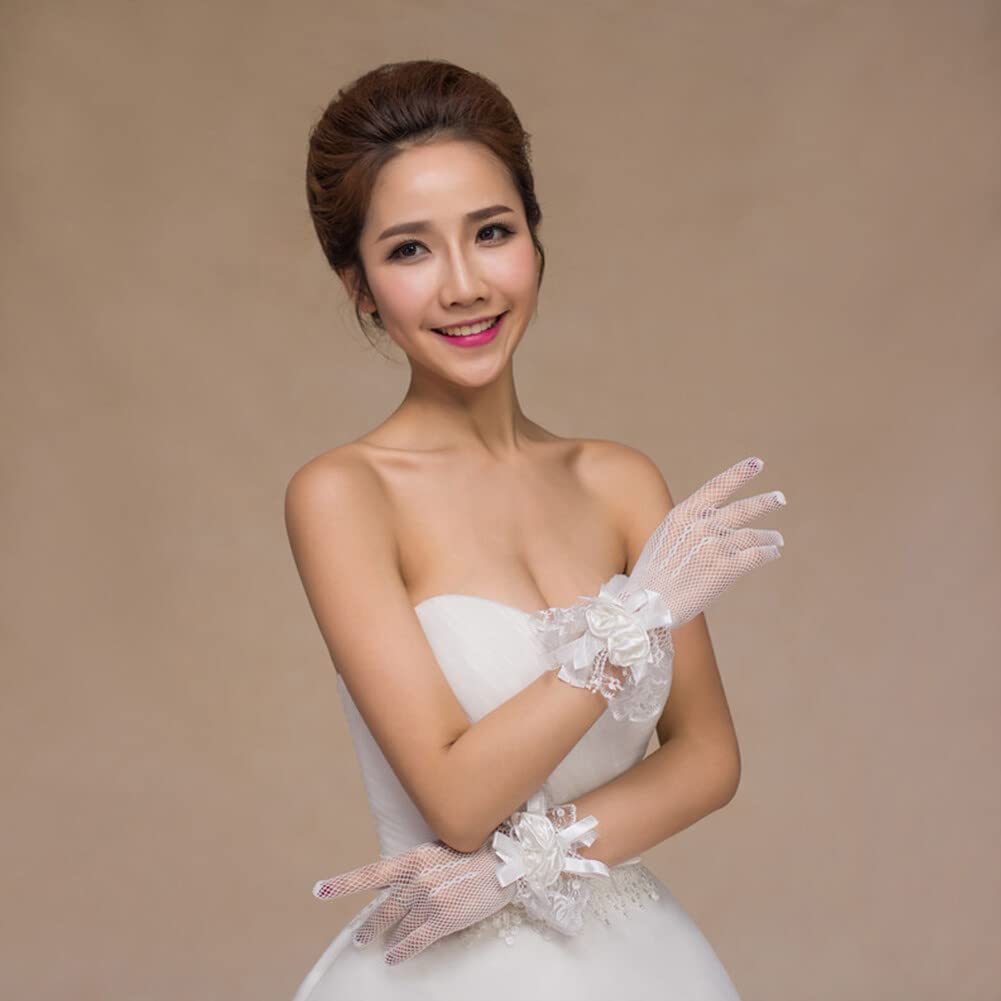 Bridal Gloves for Wedding, Short Lace Flower Bow Mesh Gloves for Women Tea Party Dance Gloves