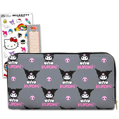 SANRIO Conjunto de carteira Kuromi – Pacote com bolsa de moedas de couro sintético e carteira para celular, mais bolsas com compartimentos para organizadores de cartões para mulheres