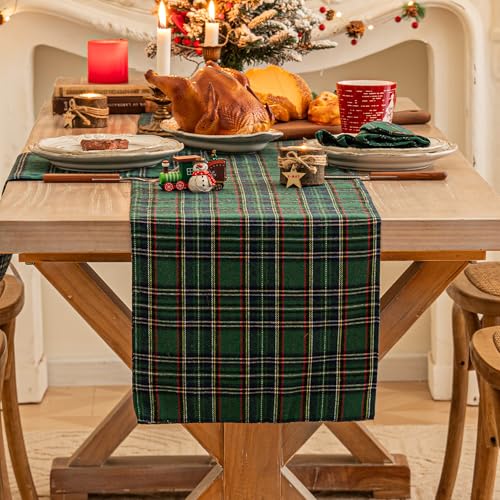 Green Blue Plaid Christmas Table Runner, Winter Holiday Table Runners