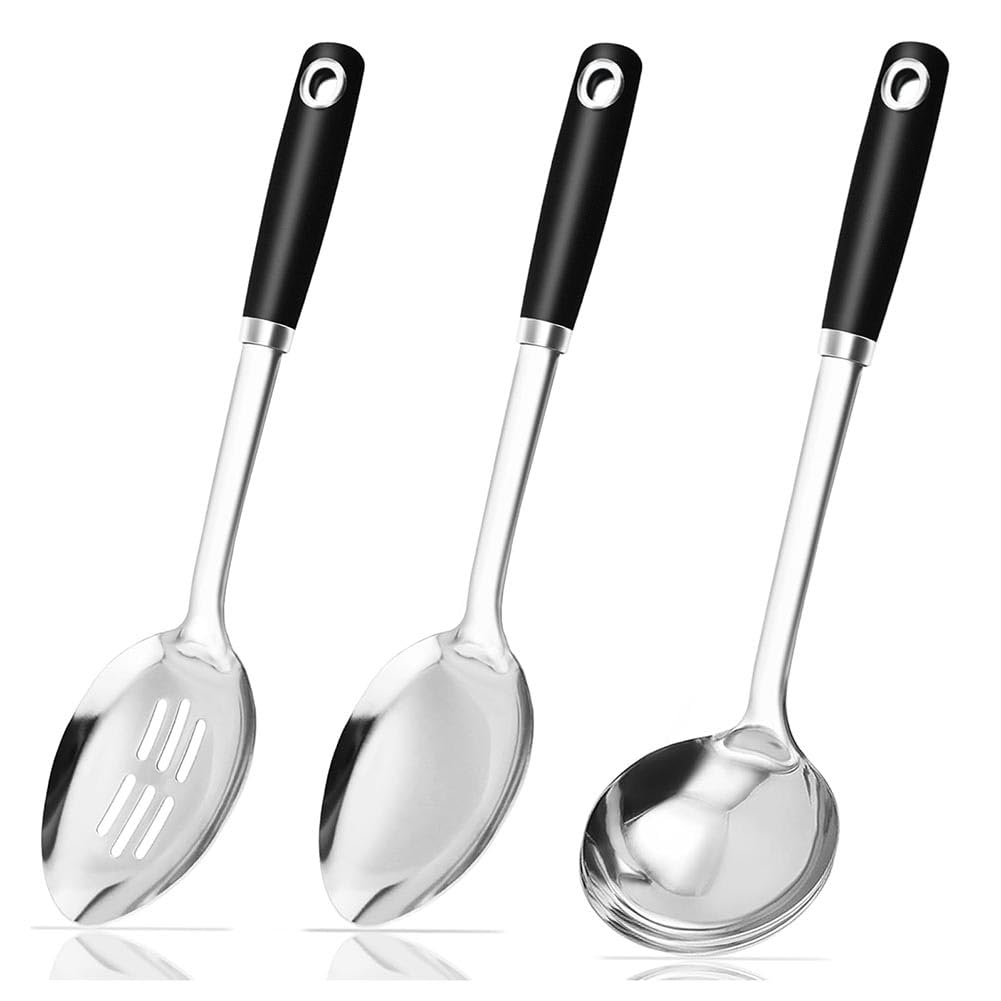 CTRLZS Pack of 3 Cooking Spoons Set Large Serving Spoons Set Slotted Spoon, Cooking Spoon & Soup Ladle Kitchen Utensils