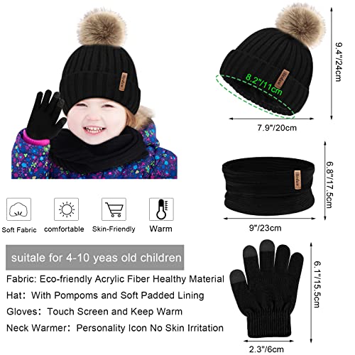 Hicdaw Kids Winter Hats Gloves Scarf Set Touchscreen Glove With Removable Pompom Fleece Lined Toddler Beanie Hat for Boy Girl2