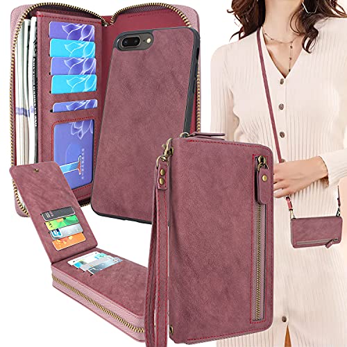 Lacass For iPhone 7 Plus/iPhone 8 Plus Crossbody Chain Dual Zipper Detachable Magnetic Leather Wallet Case Cover Wristlets Wrist Strap Card Slot Money Pocket(Wine red)