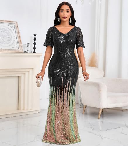 Cololura Women Sexy Elegant Sequin Short Sleeve Party Bodycon Maxi Dress Cocktail Evening Gown Formal Dresses4