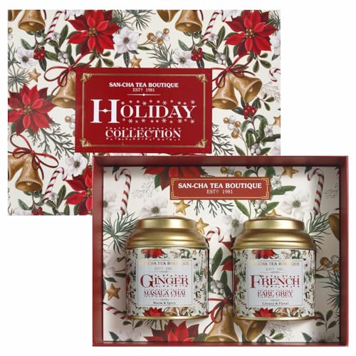 Image of SAN-CHA Tea Boutique, Holiday Collection, Tea Gift Box, French Earl Grey Tea & Ginger Green Tea, 50 Gram Each Loose Leaf Tea, Tea Gifting