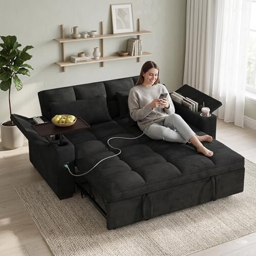65 Sleeper Sofa Bed 3-in-1 Convertible Sofa Couch Pull-Out Loveseat with Storage Armrests Cup Holders USB Charging Ports & 360 Side Table Chenille Fabric Couch for Living Room (Black-65)