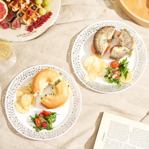 Matana 40 Piatti in Plastica Bianca Premium con Bordo Argento (2 Misure: 20 x 26cm, 20 x 19cm) - Eleganti, Resistenti e Riutilizzabili - Matrimoni, Compleanni, Battesimi, BBQ, Natale, Feste - immagine 6