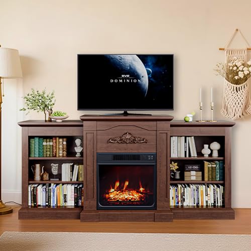 67' Fireplace TV Stand with Mantel, Electric Fireplace, Adjustable Heat & Storage, Entertainment Center for Living Room or Bedroom, Remote Control, Brown