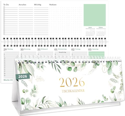 Tischkalender 2026 quer Wochenkalender 2026, Kalender 2026 Tischkalender mit Monatsansicht Stehkalender,1 Woche 2 Seiten