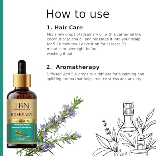 Image of TBN 100% Pure and Natural Rosemary Essential Oil For Skin, Hair Nourishment & Strengthens | Good For Skin, Body and Shiny Soft Hair | Best for Aromatherapy | Helps in meditation - 15ML