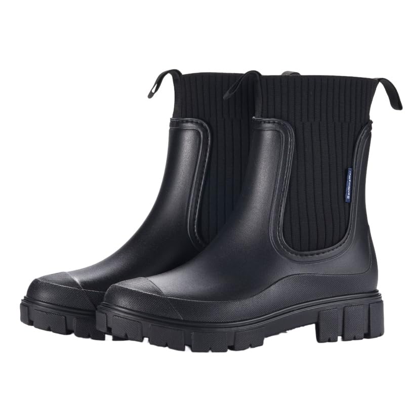 Womens Chelsea Rain Boots - Water-Resistant PVC Upper Sole Slip-Resistant Thick Sole Comfort Fabric Lining for All-Day Outdoor