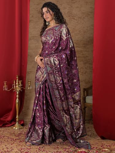 Image of Satrani Women's Crepe Foil Printed Weaving Banarasi Saree with Unstitched Blouse Piece