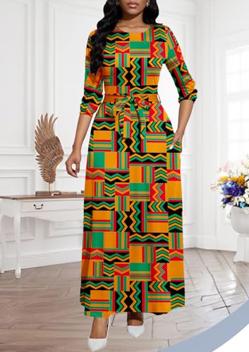 Image of Maxi Dresses for Women Casual Long Sleeve Crewneck Floor Length Dress | Floral Print,Swing,Soft Fabric,with Belt and Pockets