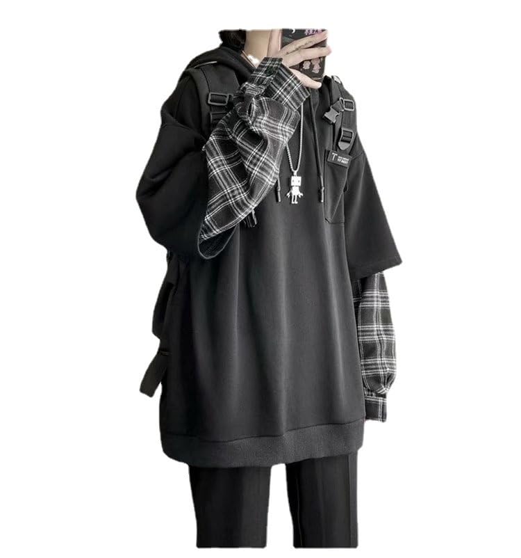 Fake Two Piece Casual Plaid Long Sleeve Hooded Sweatshirt for Men Oversized Grunge Hoodies Acubi Fashion Sweatshirts