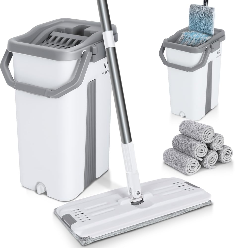 VOUNOT Bodenwischer, Wischmopp Set mit Eimer zum Auswringfunktion, Flacher Mikrofaser & Putzset mit Edelstahlgriff, 6 Wiederverwendbare Wischmop Ersatzbezüge, alle Arten von Böden Weiß