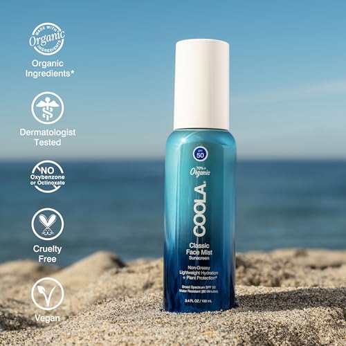 Image of COOLA Organic Sunscreen SPF 50 Sunblock Face Mist, Dermatologist Tested Skin Care for Daily Protection, Vegan and Gluten Free, Natural Fragrance, 3.4 Fl Oz