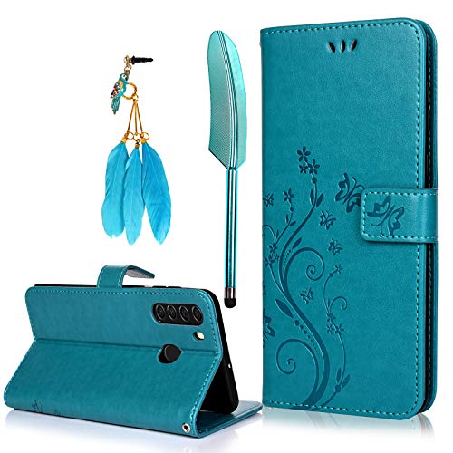 MOLLYCOOCLE Galaxy A21 case,Premium PU Leather with ID Credit Card Slot Holder Flip Cover Stand Magnetic Closure Shockproof Protective Flip Case (Butterfly Flower Blue)