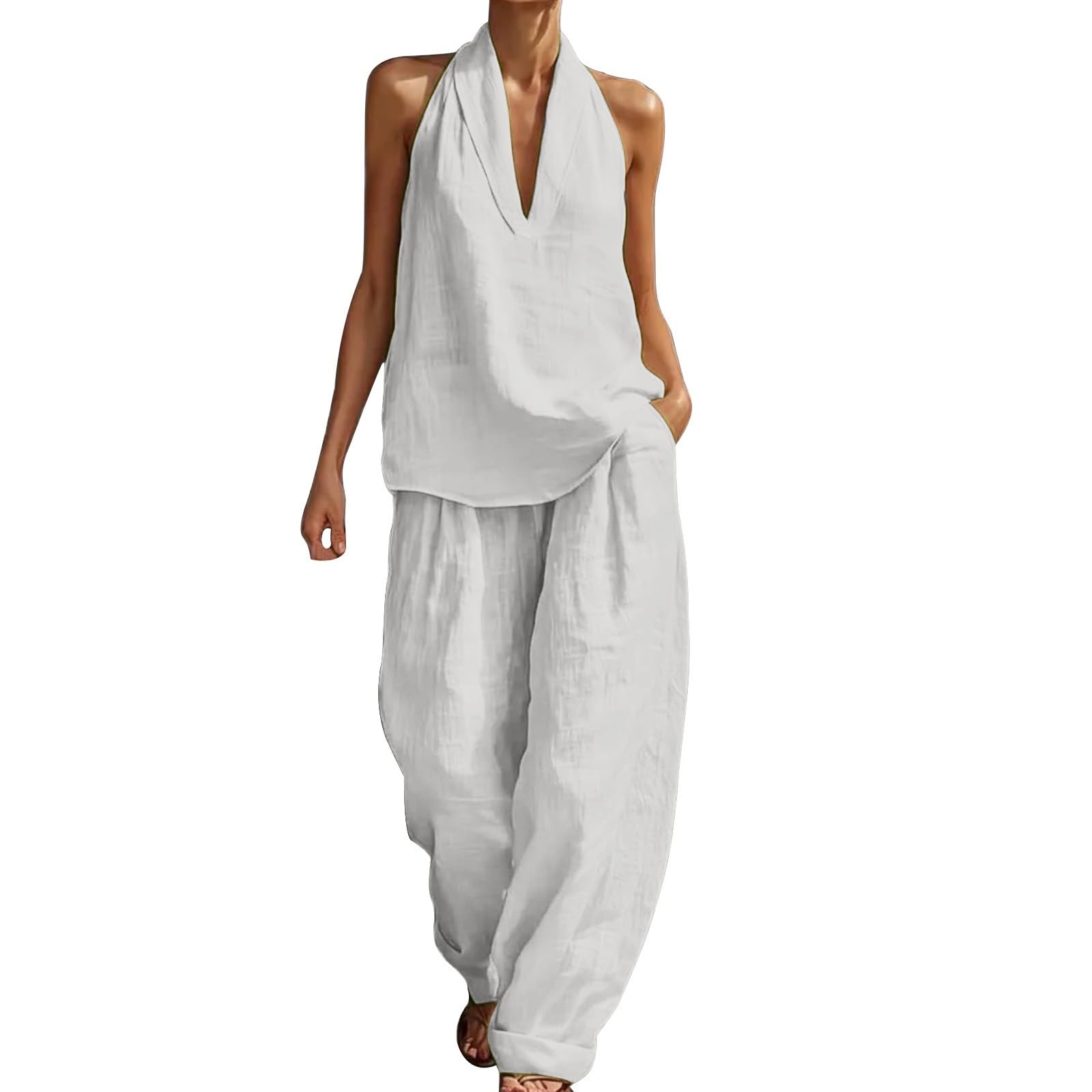 Générique Ensemble Femmes Lin et Coton 2 Pièces Chic Col en V Col Rabattu sans Manches Ensemble Haut et Wide Leg Pants Été Élégant Couleur Unie Loungewear