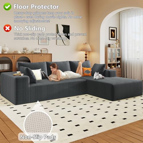 Image of 96 inch Modular Sectional Sofa, Modern Corduroy Cloud Couch with Deep Seat, Boneless Couch Upholstered 3-Seater L-Shaped Sofa for Living Room, No Assembly Required (Dark Grey, Right-Facing Chaise)