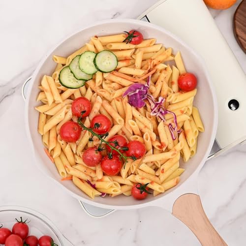 Image of Non-Stick Frying Pan with Wooden Finish Soft Touch Handle, 2.5mm Thickness, Consumes Less Oil, Even Heat Distribution, Induction Bottom and Gas Ready (White, 20cm)