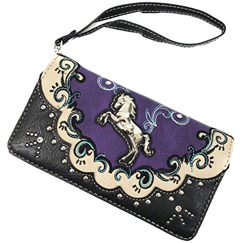 Justin West Brown Horse Embroidery Studded Concealed Carry Handbag Purse Matching Wallet (Purple Wallet)2