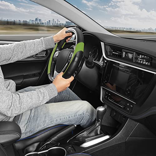 Image of Motor Trend SportDrive Faux Leather Steering Wheel Cover, Standard 15 inch Size, Two-Tone Black & Green, Car Steering Wheel Cover for Truck Van SUV Auto