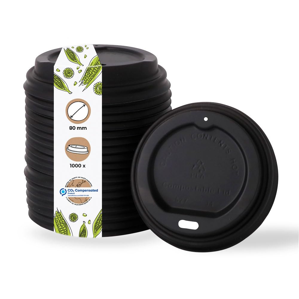 BIOZOYG Coperchio per Bicchiere Caffè da Asporto Ø 80mm I 1000 Coperchi per Bicchieri di Carta di Bioplastica CPLA 100% biodegradabile, compostabile, riciclabile I Coperchio con Foro piatto nero