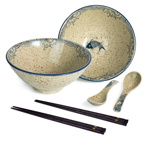 HLWDXno1 Ramen Bowl Set of 2 Ceramic Noodle Bowl with Chopsticks & Spoons 1200ml Large Soup Bowls Japanese Style Retro Porcelain Microwave Tableware Ramen Gift Set for Salad,Pho,Pasta,Udon, Fish