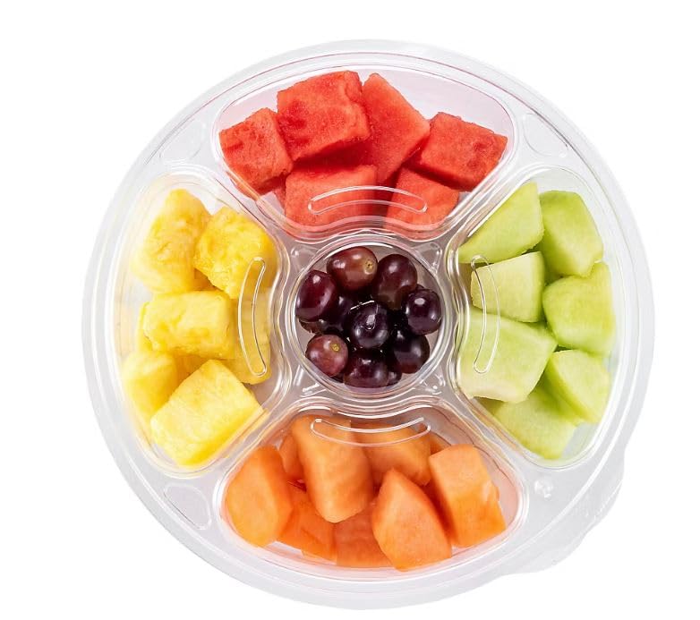 Fruit Tray, Ready to eat party platter with freshly cut cantaloupe, honeydew, pineapple, and watermelon, and grapes. Ready to serve and great for hosting events. Reduce the amount of prep work needed with this fresh, ready to serve party tray. Serves 8-12 Pk .. [ 45 oz , 2.8 pound ]