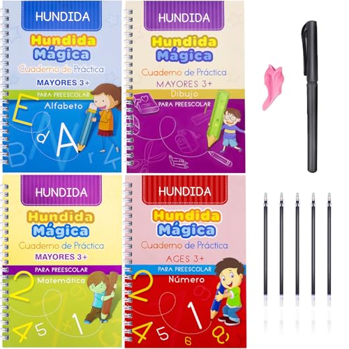 Larcenciel Cuaderno Reutilizable Caligrafia Español para Niños, 4 Libros Magicos Caligrafia + 1 Bolígrafo + 5 Recambio, Cuaderno Caligrafia para Aprender a Escribir Leer de Niños 3-8 Años (13×19cm)