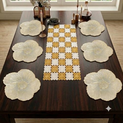 Image of Dakshya Industries Dining Table Mats Round PVC Set | 6 Waterproof Placemats (38 x 38 cm) + 1 Table Runner (91 x 33 cm) | Heat Resistant, Kitchen Decor (Florenza)