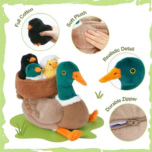 OUOZZZ Ente Kuscheltier Set, 5 Stück Weich Ente Plüschtier mit 3 Baby Enten Stofftiere im Bauch - Geburtstagsgeschenk für Kinder Mädchen Jungen