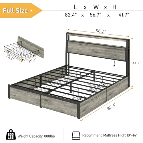 Image of SADENICEL Full Size Bed Frame with Storage Headboard, Metal Platform Full Bed Frame Wood with 4 Drawers, LED Light, Charging Station, No Box Spring Needed, Noise Free, Easy Assembly, Grey