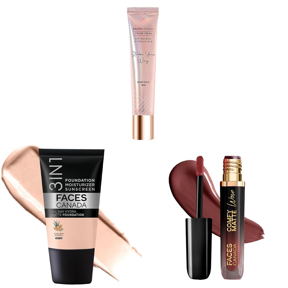 FACES CANADA Celeb Glow Combo | Strobe Cream - Rose Gold, 18ml + Hydra Matte Foundation - Rose Ivory, 18ml + Comfy Matte Wow - Cocoa Crush, 3.8ml | Highlighter | Highly Pigmented | Pack of 3-image-35