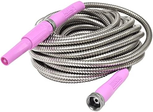 Bernini 50' Metal Garden Hose Lite Super Flexible Garden Hose, Lightweight No Kink Puncture Resistant 304 Stainless Steel Hose With Adjustable Fireman Spray Nozzle & Patented Power Couplers - Rose