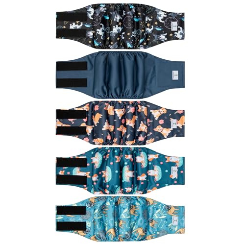 Image of 5 Pack Dog Diapers Male,Reusable Leakproof Pet Soft Dog Belly Band Wraps,High Absorbency Male Dog Diaper,Wider Washable Belly Band for Doggy Incontinence and Puppy Training