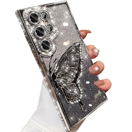 Changjia Glitter 3D Butterfly Case for Samsung Galaxy S23 Ultra - Cute Luxury Bling Sparkly Diamond Rhinestone Liquid Flowing Case with Camera Lens Protector - Silver