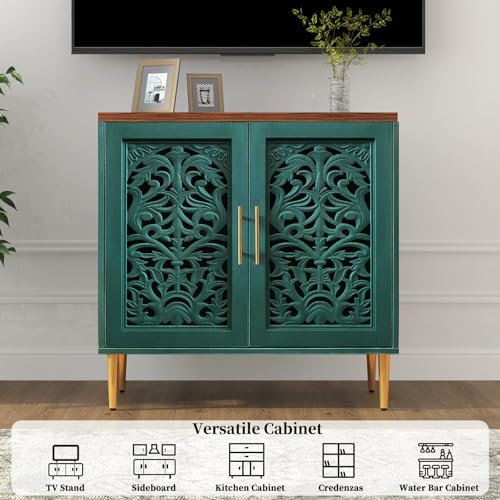 HOLTICO Wooden Sideboard Storage Cabinet with 2 Doors, Vintage Hollow Carving Buffet Accent Cabinet, Modern Green Sideboards for Living Room, Kitchen, Dining Room, Hallway - Image 4