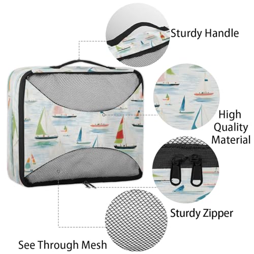 4 Set Packing Cubes for Travel, Nautical Sailboat Packing Cubes for Women, Travel Luggage Packing Organizers, Packing Cube Set, Cartoon Sailboat4