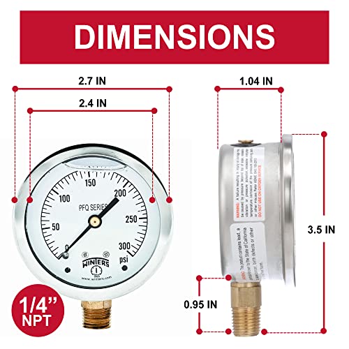 Image of Winters 2-1 /2 inch Dial Size, Liquid Filled Industrial Pressure Gauge, Brass Internals, 304 Stainless Steel Case, Single Scale 0-300 psi, 1.5% Acc, 1 /4 inch NPT Bottom Mount, Glycerin Filled Pressure Gauge