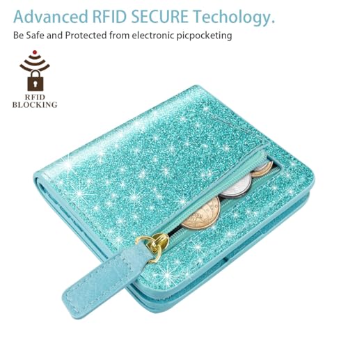 Image of Small Womens Glitter Wallet Thin Credit Card Holder Pocket | Compact Women Slim RFID Blocking Bling Wallets Bifold Ladies Mini Purse Pocket for Travel & Daily Use, Blue Green