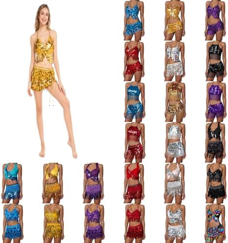 Women 2Pcs Christmas Belly Dance Dress Sequin Tassel Bra Top with Fringe Hip Scarf Set Carnival Clubwear Rave Dance Skirt