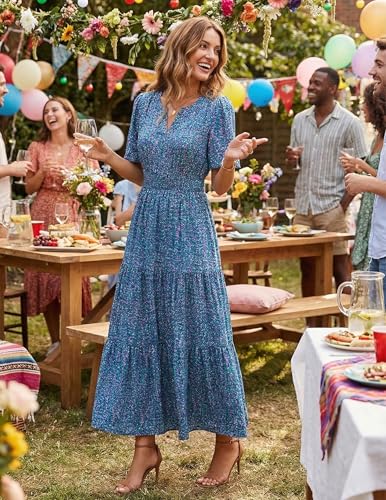 Image of ZESICA Women's 2026 Summer Spring Floral Boho Maxi Dresses Casual Short Sleeve V Neck A Line Flowy Beach Vacation Dress