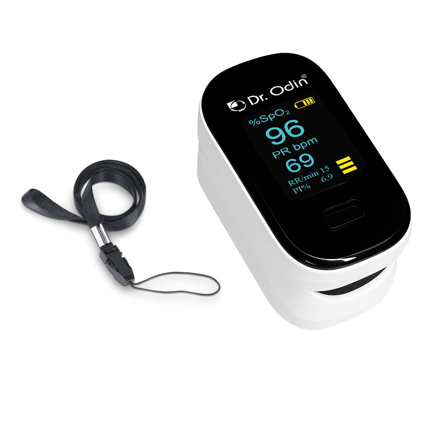 Dr. Odin OPO 103 Digital Pulse Oximeter for SpO₂ & Pulse Rate Monitoring with Dual Color Display, 360° Rotatable View with PI & RR Monitoring, Auto Power Off (White)
