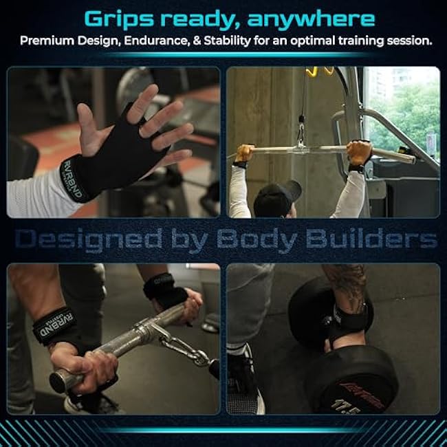 RVRBND Lifestyle 3 Hole Rubber Carbon Hand Grips for Crossfit, Gymnastics, Lifting, Pull Up with Velcro Wrist Strap & Foam Pad, Smooth Hand Protection