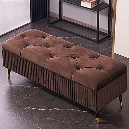 Lujoso banco otomano de almacenamiento de terciopelo, moderno asiento tapizado para entrada y dormitorio con almacenamiento oculto, elegante diseño marrón, 80 x 45 x 45 cm