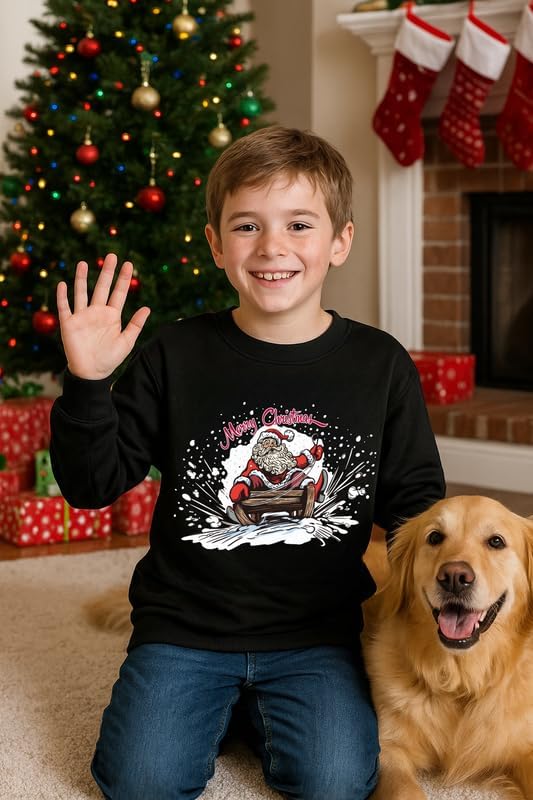 Kids Santa Claus Sleigh Sweatshirt Boys Girls Ugly Merry Christmas Long Sleeve Black Shirt 7-8 Years