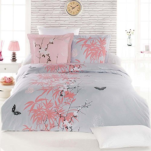 LINGE MAT Flore Corail - Parure de lit 100% Coton - Housse de Couette 260x240 + 2 taies d'oreiller